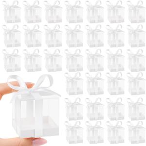 Hxezoc 50 Pack Favor Boxes, 2x2x2 Inches Clear Candy Treat Boxes with White Ribbons, Mini Plastic Gift Boxes for Wedding, Birthday Party, Baby Shower, Classroom Decoration Supplies