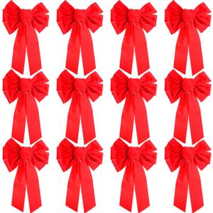 Patelai 12 Pieces Christmas Red Velvet Bows Large Wreath Bow Tie Holiday Bow for Christmas Decoration Outdoor or Indoor Garland Parties Gifts (16 by 10 Inches)