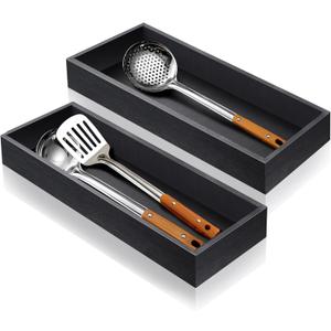 Bamboo Utensil Drawer Organizer, Stackable Silverware Organizer Tray Flatware Cutlery Storage Box for Kitchen Drawer - 17"x6"x2.5" (Set of 2)