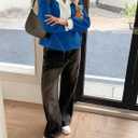 Fisoew Womens Cropped Oversized Sweatshirt Casual Lapel V Neck Long Sleeve Contrast Drawstring Loose Fit Fall Pullover Tops (Large, Blue)