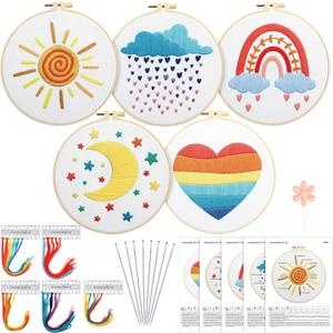 5 Set Embroidery Kit for Beginners Boho Rainbow Cross Stitch with Patterns Embroidery Hoops Instructions Embroidery Floss Needlepoint Kits DIY Adult Beginner Cross Stitch Crafts
