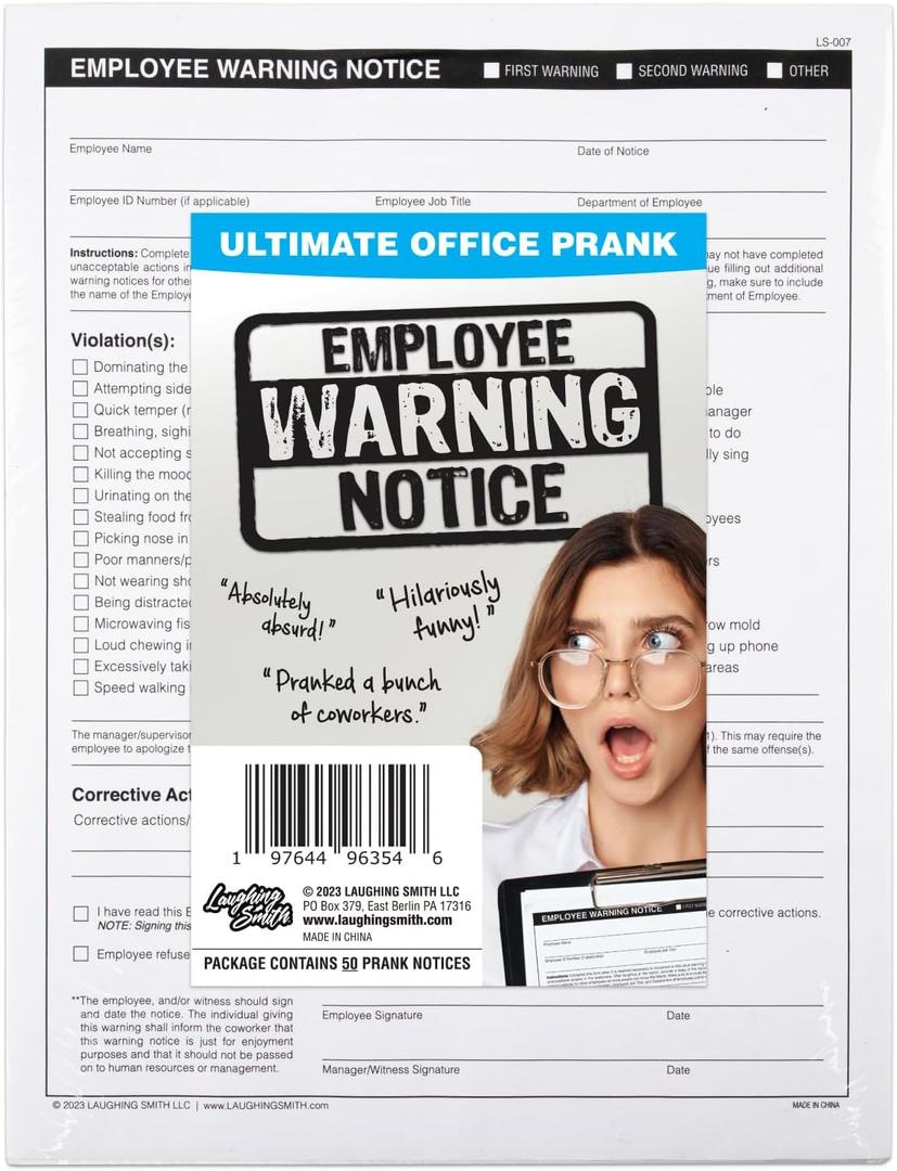 6 x Laughing Smith Funny Office Pranks - Employee Warning Notice Prank (50 Sheets) - Gag Gifts for Coworkers - Fun Work Supplies & Stupid Desk Accessories Stuff for Adults Men Women Coworker Gift Items 6 x Laughing Smith Funny Office Pranks - Employee Warning Notice Prank (50 Sheets) - Gag Gifts for Coworkers - Fun Work Supplies & Stupid Desk Accessories Stuff for Adults Men Women Coworker Gift Items