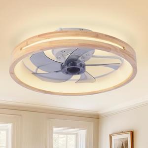 HUOGME Modern Low Profile Ceiling Fans with Lights and Remote, 20" Wooden Flush Mount Reversible Bladeless Ceiling Fans with Light，3000K-6000K Dimmable LED Timing and 6 Wind Speeds brown