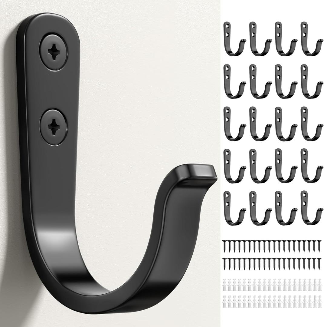 20Pcs Wall Hooks for Bathroom, Kitchen, Closet, and Garage - Black Metal Hooks for Hanging Coats, Towels, Hats, Keys, Bags, and Coffee Cups - Holds Up to 40 lbs