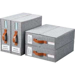 Yecaye 4 Pack Bed Sheet Organizer, Foldable Linen Closet Organizers and Storage (Queen & King Size) with Window & Label, Bedding Storage Box for Bedsheets, Duvet Covers and Pillow, Grey