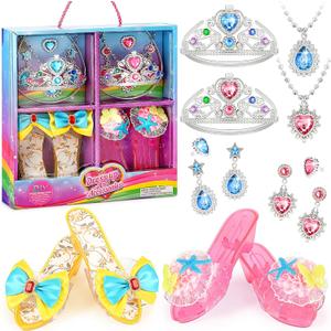 Princess Dress Up Shoes Set Girls Role Play Shoes Toddler Pretend Jewelry Toys Set Gift Set 2 Pairs of Shoes Kit Collection of Tiara Crown Earrings Necklace Rings for Girls Aged 3-6 Years Old