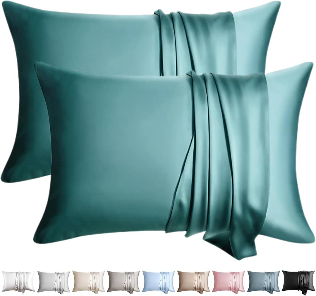 100% Silk Pillow Cases 2 Pack Standard Size Mulberry Silk Pillowcase for Hair and Skin Set of 2 Highest Grade 6A Silk Soft Breathable Silk Pillow Cases with Hidden Zipper, Teal