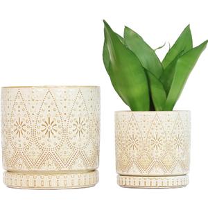 8 Inch + 6 Inch Indoor Plant Pot with Drainage Holes and Saucers, Ceramic Planter for Plants, Succulent Orchid Flower Pots (Creamy White)