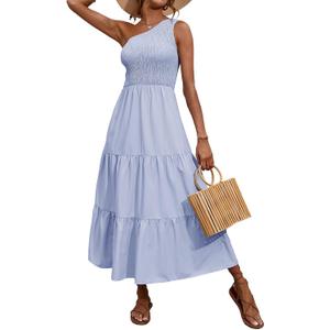 BTFBM Summer Dresses 2026 Spring One Shoulder Floral Flowy Sundresses for Women Sleeveless Smocked Boho Beach Maxi Dress (Blue, L)