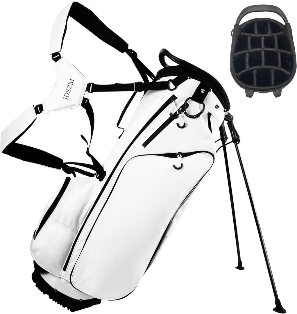 Lightweight Golf Stand Bag with 14 Way Full-Length Dividers, 7 Zippered Pockets and Rain Cover, with Handles and Dual Strap (01White)