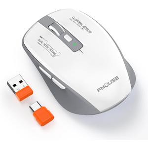 Wireless Bluetooth Mouse, Tri-Mode with Bluetooth 5.1 and Dual 2.4G Dongles (USB-A/USB-C), Silent Click, Side Buttons, 4 DPI (800-2400), Portable for Laptop, Mac, iPad, Desktop(Gray White)