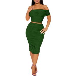 2 Piece Skirt Set Sexy Mesh Ruched Bodycon Tube Top Cocktail Party Midi Dress Club Outfits (Small, Green)