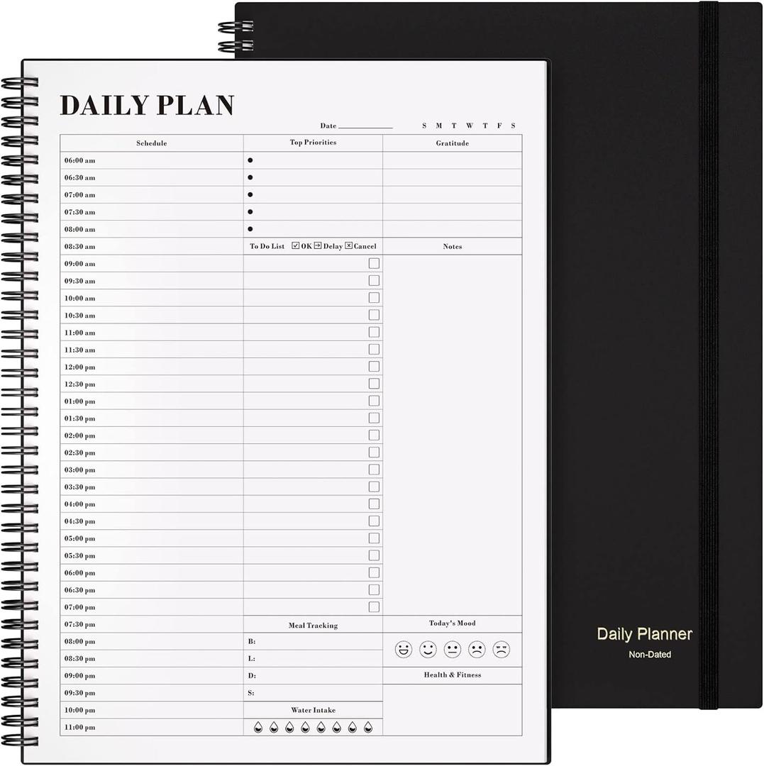 Planner Undated, Asten Daily Planner Agenda with To Do List, Hourly Schedules for Women and Men, Spiral Appointment Book with Elastic Closure, Inner Pocket 8.5" x 11" (Black) (A4)