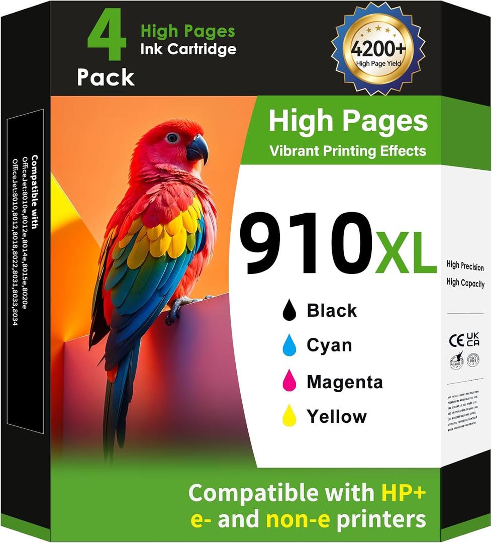 910XL Ink Cartridges Combo Pack for HP Printers Replacement for HP 910 HP 910XL Ink with HP OfficeJet Pro 8025e 8015e 8028e 8035e 8025 8035 8020 Printers (4 Pack, BK, CMY)