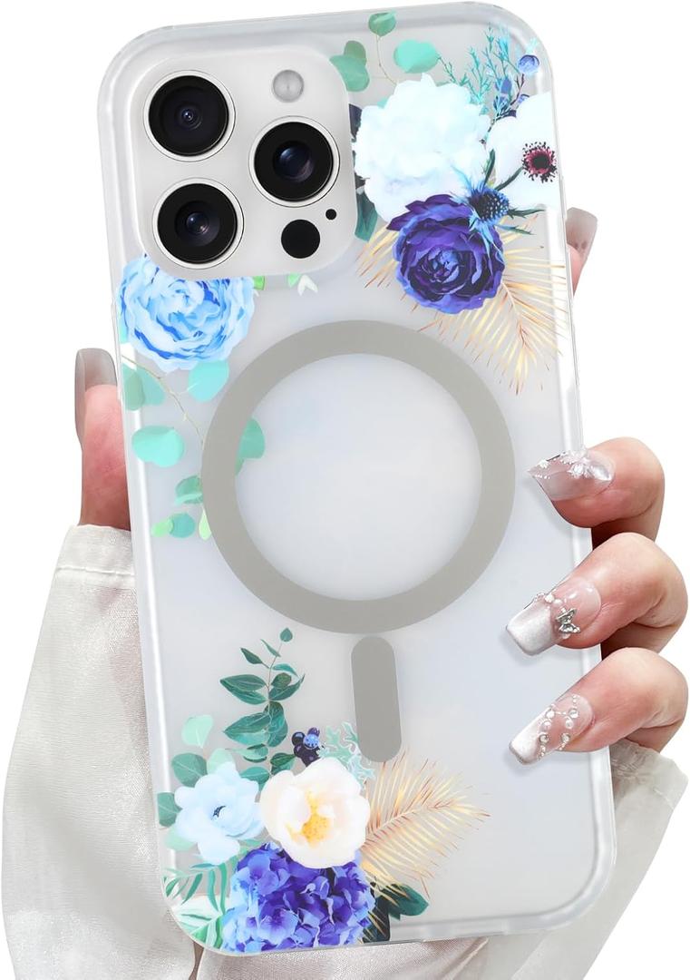 LSL Designed for iPhone 15 Pro Max Case [Drop Protection/Compatible with Magsafe] Cute Flower Magnetic Phone Case for Women Girly TPU Bumper Floral Cover Blue