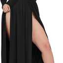 SILUI Women's Summer Dress Western Sexy Double High Slit Deep V Neck Plus Size Sundresses Thigh Split Maxi Club Party Dresses (Black)