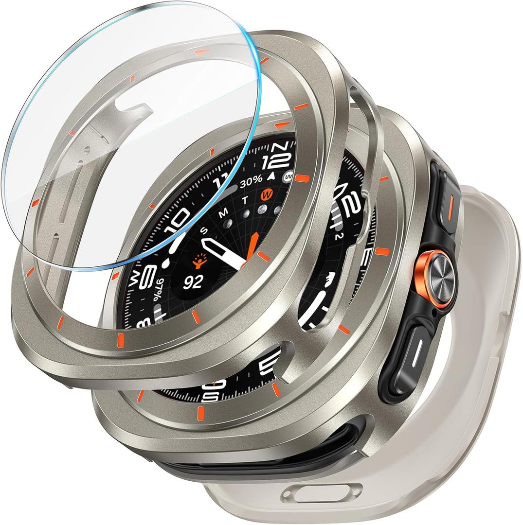 LETOID 3 in 1 Metal Case for Samsung Galaxy Watch Ultra/Ultra 2 Screen Protector 47mm, Stainless Steel Protective Bumper Face, Hard PC Back Cover and 9H Tempered Glass Film for 7 Ultra & 8 Ultra (Titanium)
