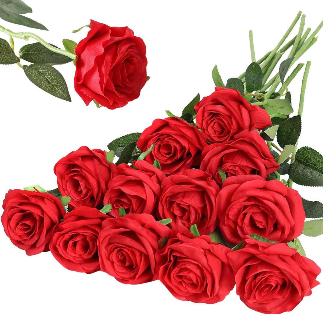 Hawesome 12PCS Artificial Silk Flowers Realistic Roses Bouquet Long Stem for Home Wedding Decoration Party (12pcs-red 1)