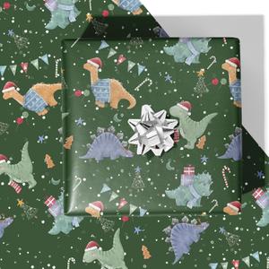 2 x RiukRaiu Dinosaur Christmas Wrapping Paper for Kids Adults - Green Xmas Gift Wrap Santa Hat T-Rex Trees Candy Canes Colorful Flags Stars Snowflakes for Holiday Party - 4 Jumbo Sheets, 40 x 28 Inches Each