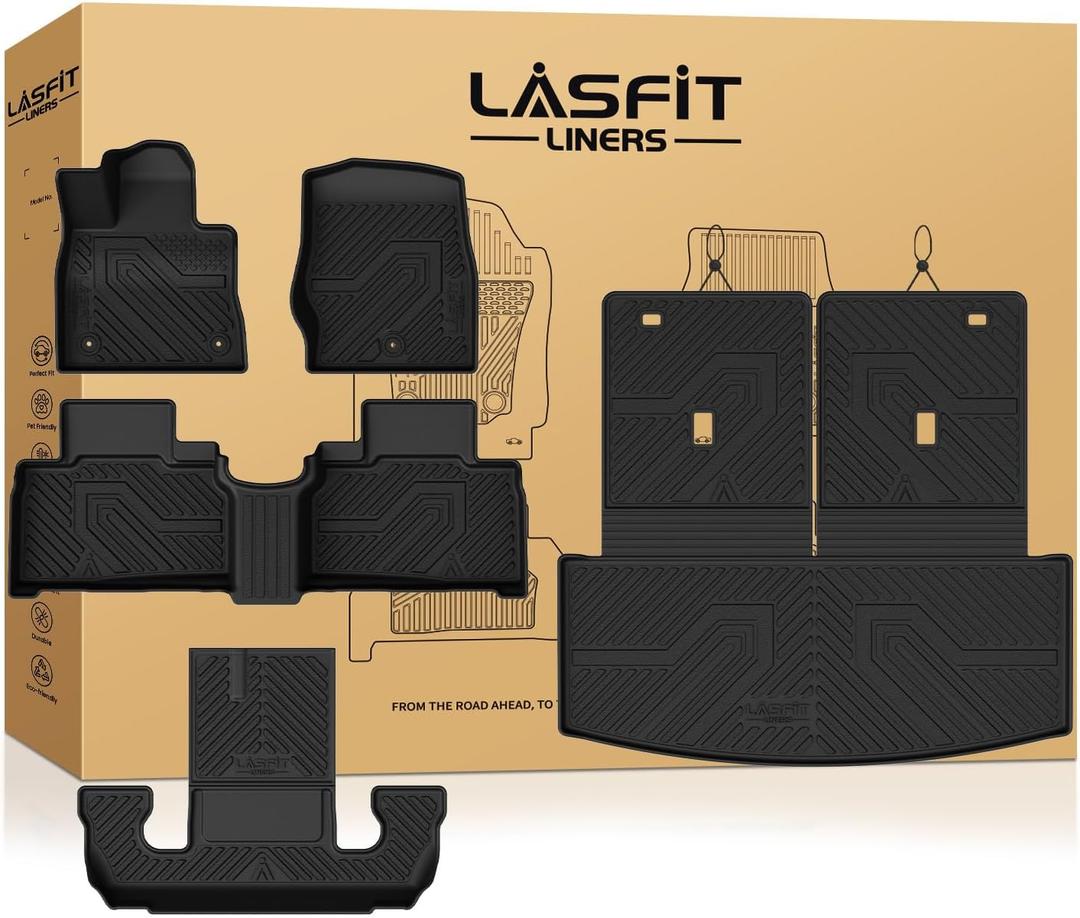 LASFIT Floor Mats & Cargo Liner with Backrest Mat for Ford Explorer 2022-2025 2026 6 Passenger, Custom Fit All Weather Protector TPE Easy Clean Floor Liners, Car Mats for Explorer Accessories, Black