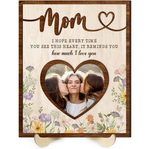 Mothers Day Gifts for Mom from Daughter Son Wooden Heart Photo Frame, I Love You Mom Keepsake Gift, Picture Frame for Mama, Birthday Gift for Mother, Insert Your Own Photo Home Decor