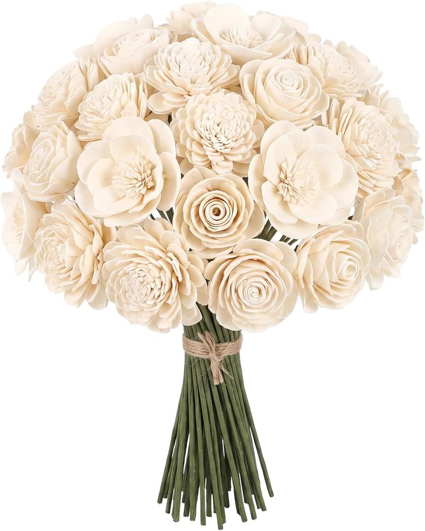 24 Pcs Sola Wood Craft DIY Flowers with Stems Ivory White Wooden Flowers for DIY Wedding Bouquet Centerpiece Bridal Shower Home Decoration