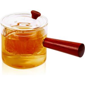 WHJY Glass Teapot With Infuser for Loose Tea, Small Magic Kettle for Stove Top, Clear Japanese Kyusu With Wooden Handle - 17 oz