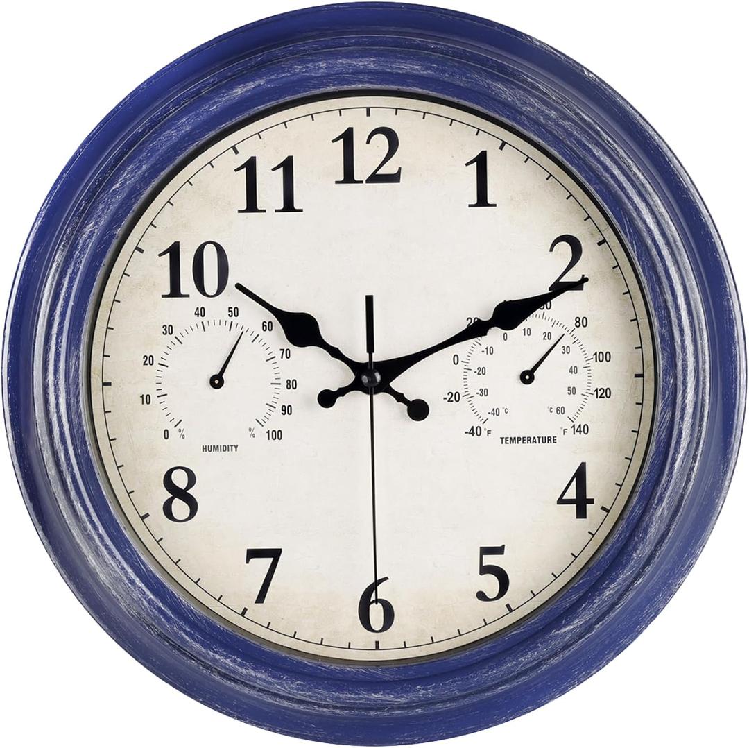 JoFomp Outdoor Clocks for Patio, Large 12 inch Outside Wall Clock Waterproof with Thermometer and Hygrometer Combo, Round Silent Battery Operated Wall Clock for Home, Pool, Garden (Blue)