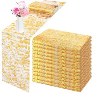 12 Pieces Gold Table Runner Metallic Thin Mesh Table Runner Roll 11 x 84 Inches Rectangle Glitter Runner for Wedding Baby Shower Birthday
