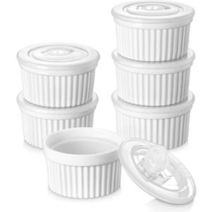 vancasso 6 oz Ramekins with Lid, Porcelain Creme Brulee Souffle Dishes, White Pudding Custard Cups Ramiken for Baking, Dishwasher and Oven Safe, Set of 6