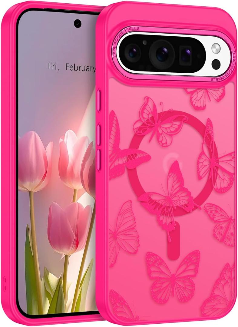 BENTOBEN for Magnetic Google Pixel 10 Pro XL Case, Cute Butterfly Pattern Phone Case for Pixel 10 Pro XL [Compatible with MagSafe] Translucent Matte Slim Shockproof Protective Women Men Cover,Hot Pink