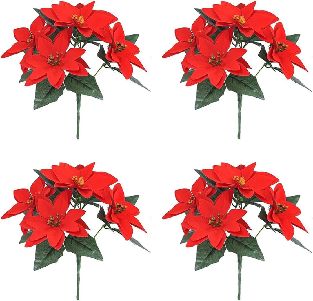 Poinsettias Artificial Christmas Flowers Decorations - 4 Pcs Artificial Red Poinsettia Flowers with Stems 5 Heads for Christmas Tree, Fake Red Poinsettia Flowers for Home Outdoor Xmas Tree Decor