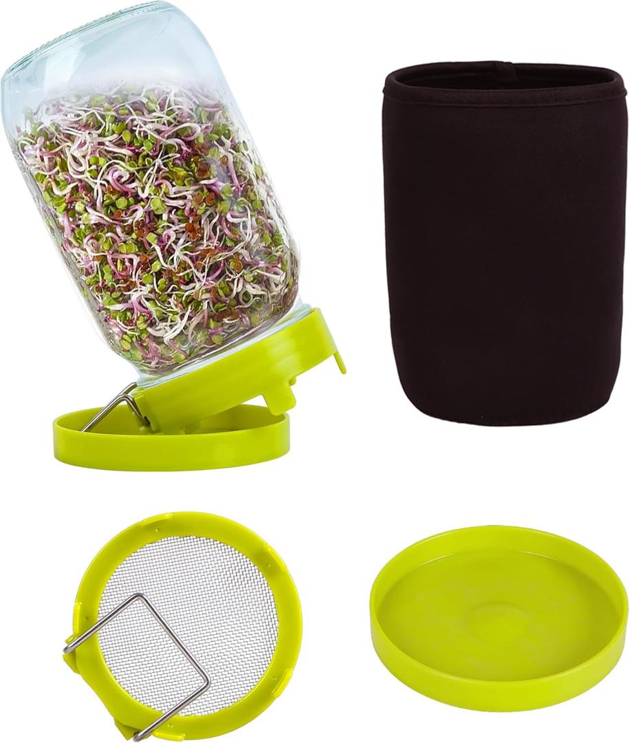 Sprouting Kit Sprouts Growing Kit 34oz Wide Mouth Seed Sprouting Jar Germination Kit 304 Stainless Screen Lid and Stand Blackout Sleeve Tray for Growing Bean Alfalfa Sprout Seeds
