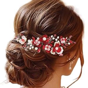 JAKAWIN Flower Bride Wedding Hair Vine Accessories Red Pearl Bridal Hair Piece for Women