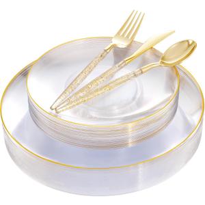 Liacere 150PCS Clear Gold Plastic Plates - Gold Plastic Silverware with Glitter Handle - Clear Disposable Plates Include 30 Guests Plates, Forks, Spoons, Knives for Wedding & Party&Chrismas (Round Style)