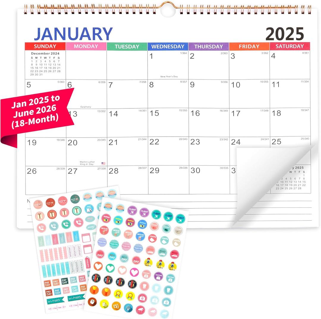 Wall Calendar 2025-2026 January 2025 to June 2026-18 Months Calendar 14.7 x 11.5 In, Thick Paper, Ruled Blocks, Holidays, Notes, Julian Dates, with Creative sticker, Gift for Christmas New Year