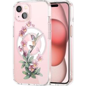 MAYCARI for iPhone 15 Pro Max Case Compatible with MagSafe, Magnetic Cute Pink Floral Hummingbird Clear Cover for Girls Women Soft TPU Hard Back Shockproof Protective Case for iPhone 15 Pro Max 6.7"