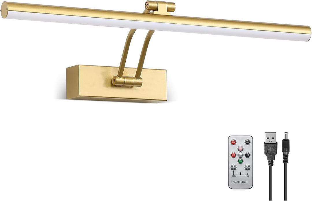 Wireless Picture Light,5200mAh Battery Operated Picture Lights with Remote,Gold Picture Light, Full Metal Painting Light for Wall Display, Gallery,Portrait,Bedroom (Gold) (Gold-Curved Arm)