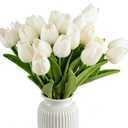 Artificial Tulips Bridal Wedding Festival Decor Bouquet Real Touch PU Flower Bouquet Pack of 20 (White)