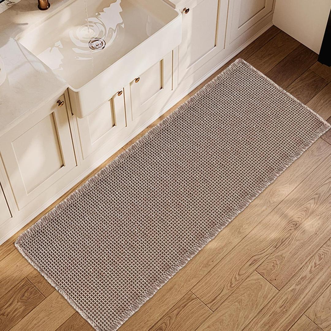 ZALL Tan Waffle Bath Mat,Super Absorbent Non Slip Long Bathroom Runner Rug,Brown 24X60inch,Machine Washable Ultra Soft Floor Mats