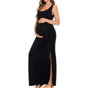Smallshow Women's Split Long Maternity Dress Sleeveness Ruched Pregnancy Clothes (Medium, Black)