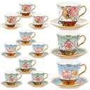 Teenyyou Set of 12 Tea Cups and Saucers Tea Party Decorations Floral Porcelain 5.4 oz British Gift for Women Birthday Party, Church, and Mother's Day (Classic Style)