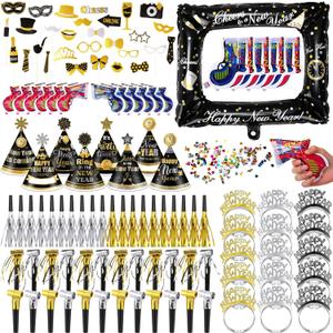 272 Pcs 2026 New Years Eve Party Supplies Set Serve 48, New Years Eve Cone Hats, Inflatable Fireworks Gun, Photo Frame, Props, Gold Glitter Noisemakers for Party Decor Favor