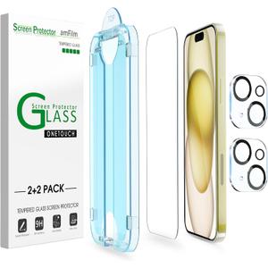 amFilm OneTouch 2+2 Pack Compatible with iPhone 15 Screen Protector 6.1" Tempered Glass with Camera Lens Protector Accessories, Premium Easiest Installation Kit 9H, Case Friendly Anti-Scratch HD