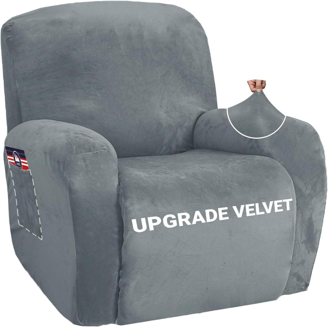 ZNSAYOTX Stretch Velvet Recliner Cover 4-Pieces, Thick Soft Recliner Chair Slipcover with Pocket, Non-Slip Elastic Bottom for Kids Pets, Luxury Plush Reclining Protector Comfy Washable (Light Grey)