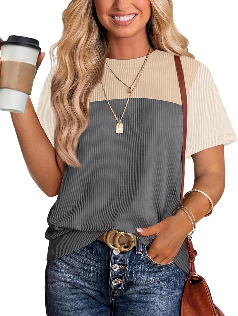 WIHOLL Womens Fashion 2026 Color Block Shirts Short Sleeve Crewneck Knitted Spring Summer Tops Casual Trendy (XL)