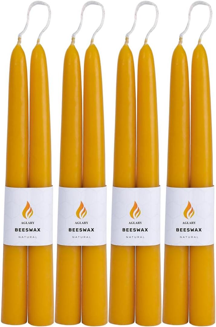8PCS Beeswax Taper Candles, 9" Handmade Natural Candles, Dripless and Smokeless, 9 Hour Burn Time (RAW)