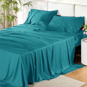 Bedsure Queen Sheet Set, Cooling Sheets for Queen Size Bed Set, Rayon Derived from Bamboo, Breathable & Soft Deep Pocket Up to 16 Inches, Hotel Luxury Silky Bedding, Bedsheet & Pillowcases, Turquoise
