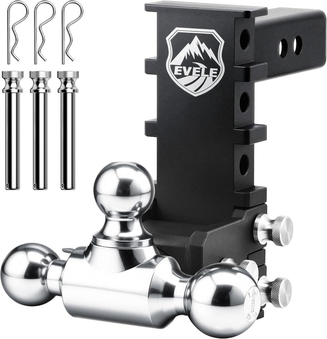 Off-Road Adjustable Trailer Hitch Tri-Ball Mount Fit 2 Receiver, 6 Rise/Drop Tow Hitch for Trucks, RV, Boat, & ATV/UTV (1-7/8", 2", 2-5/16" Balls) Heavy Duty 12,500 lbs GTW, Tool-Free Setup