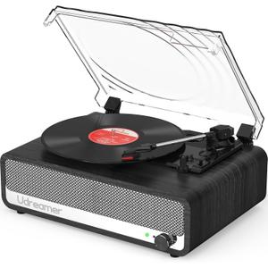 Vinyl Record Player with Built-in Speakers,3 Speed Turntable with Latest Bluetooth 5.3, AUX Input, Headphone Jack, RCA Output and Auto Stop, Mirror Vintage Wooden Black